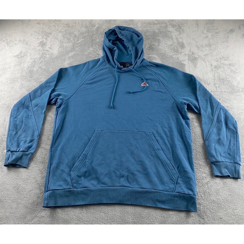 Adidas Mens Blue Textured Raglan Sleeve Logo Pullover Hoodie Size Large L
